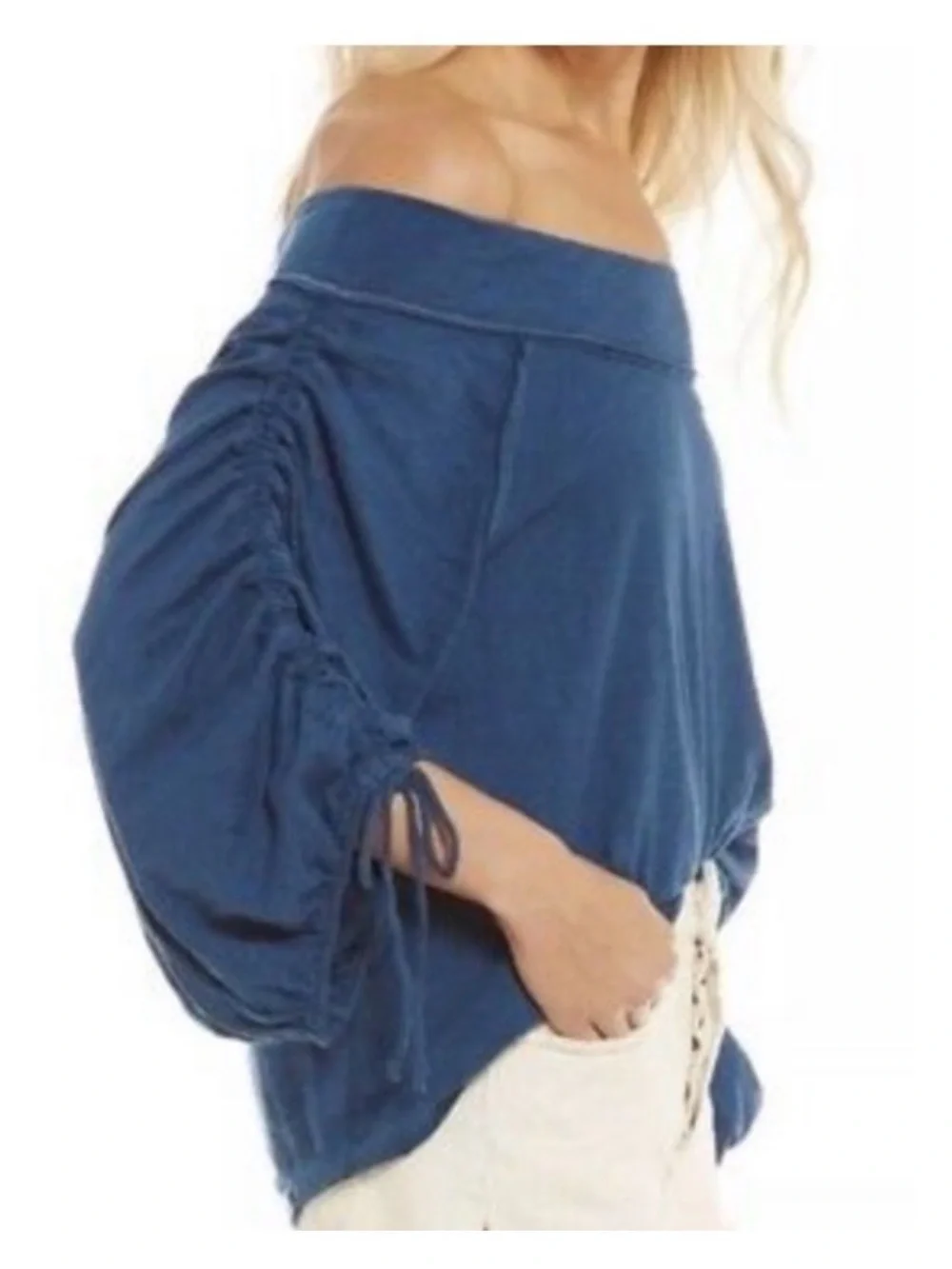 Free People Bohema Off-The-Shoulder Slub Shirt in a Blue Shade Size Large